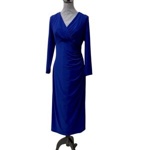 Lauren Ralph Lauren Blue 3/4 Sleeve V-Neck Knee Length Rouched Side Wrap Dress